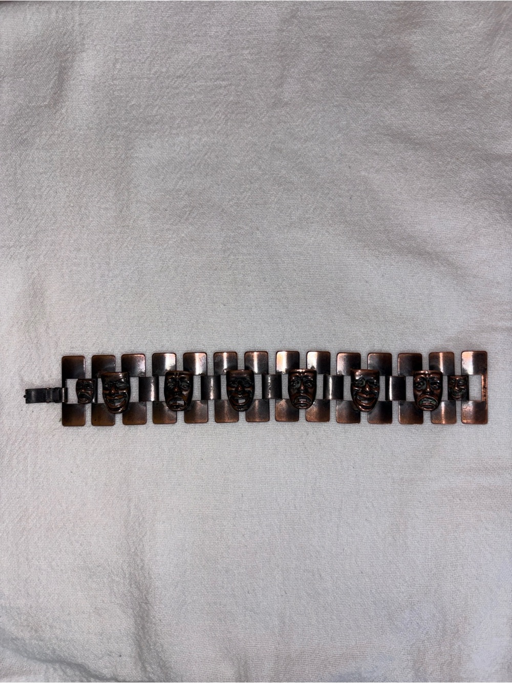 Copper Bracelet, Mid-Century Modern comedy and tragedy theater mask bracelet